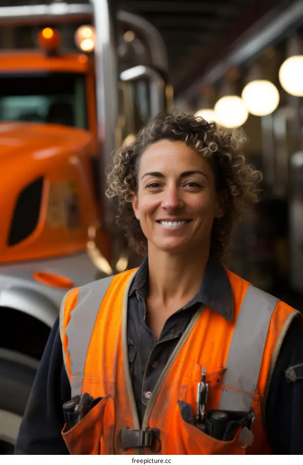 Portrait of a female truck driver smiling in front of her truck