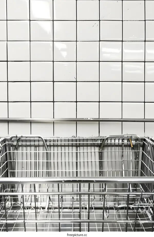 Empty Metal Basket in Front of White Tile Wall