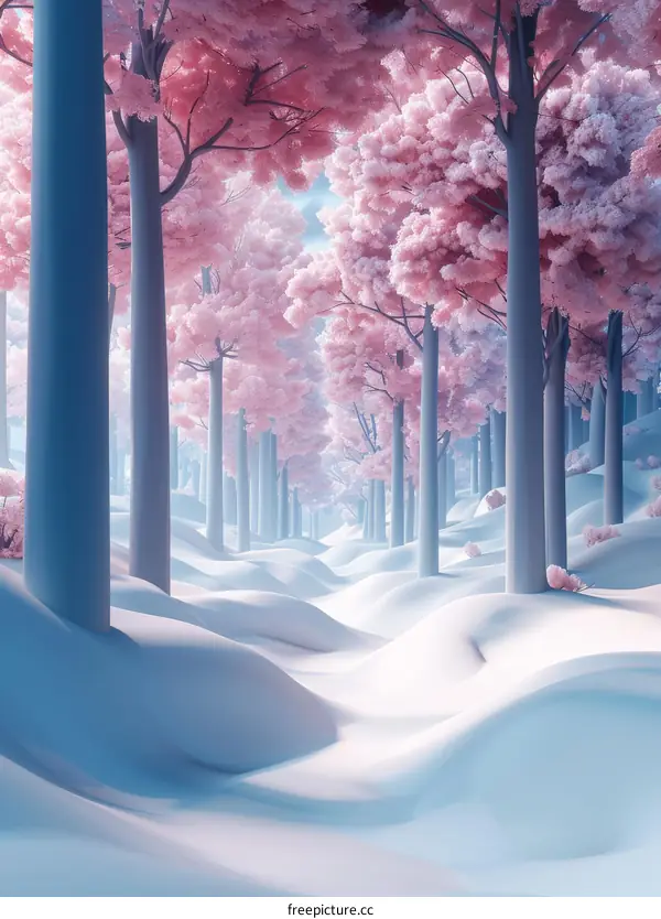 A winter wonderland of pink trees and snow