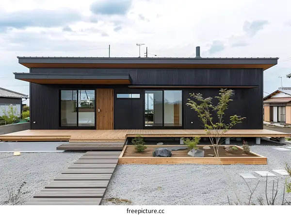 Modern Japanese Style House with Wooden Deck and Gravel Garden