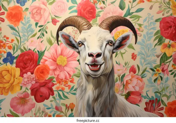 A happy goat in front of a floral background