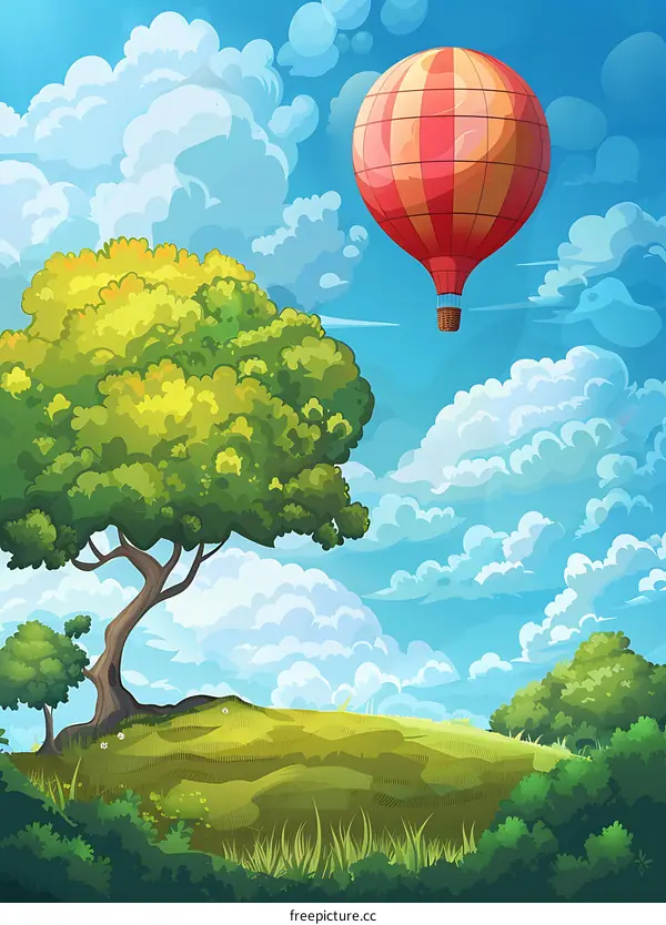 Red Striped Hot Air Balloon Flying Over Lush Green Landscape With Cloudy Sky