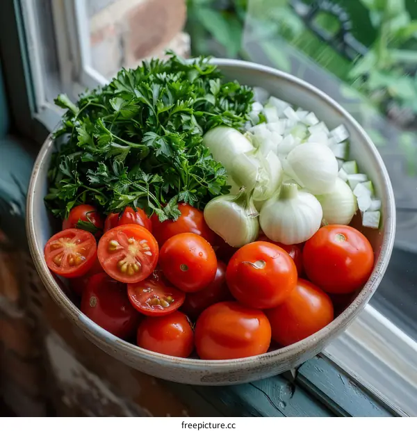 Fresh ingredients for cooking: tomatoes, onions and parsley