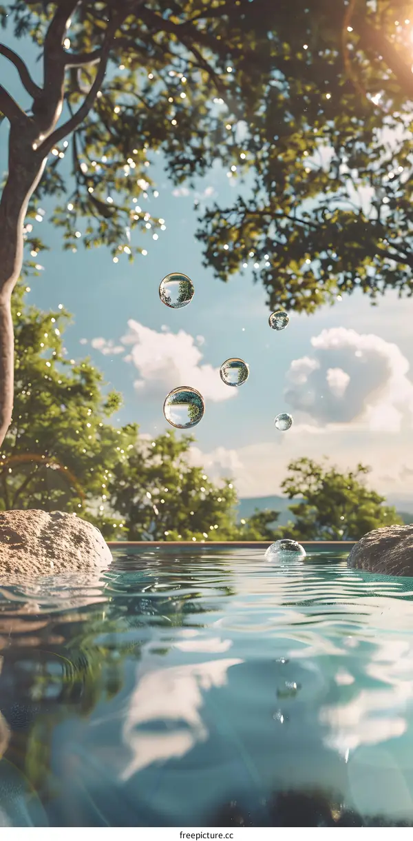 Water Drops Falling into Calm Pool with Green Trees