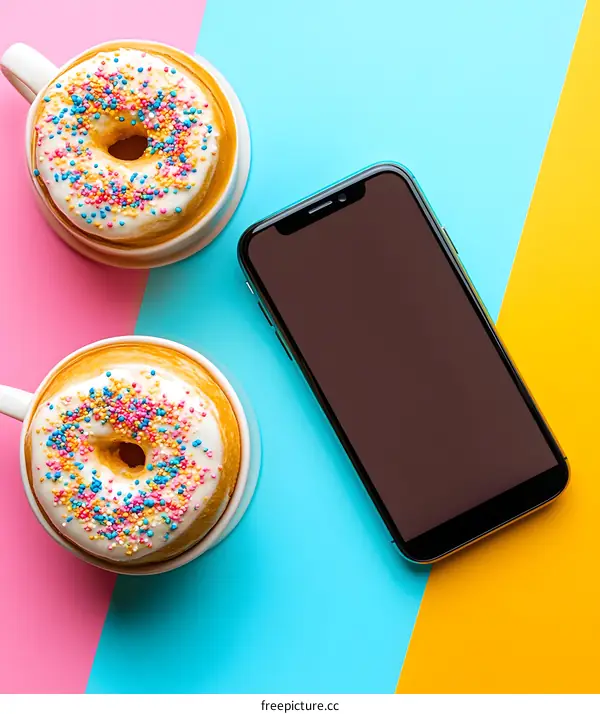 Two Donuts and a Smartphone on Colorful Background