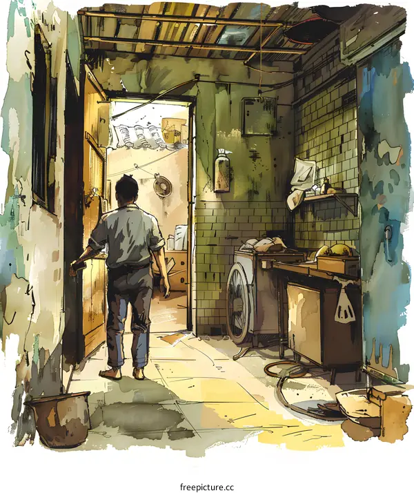 Watercolor Illustration of a Man Walking through a Doorway in an Old Building