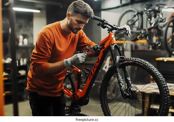 Man Working on Mountain Bike in Workshop