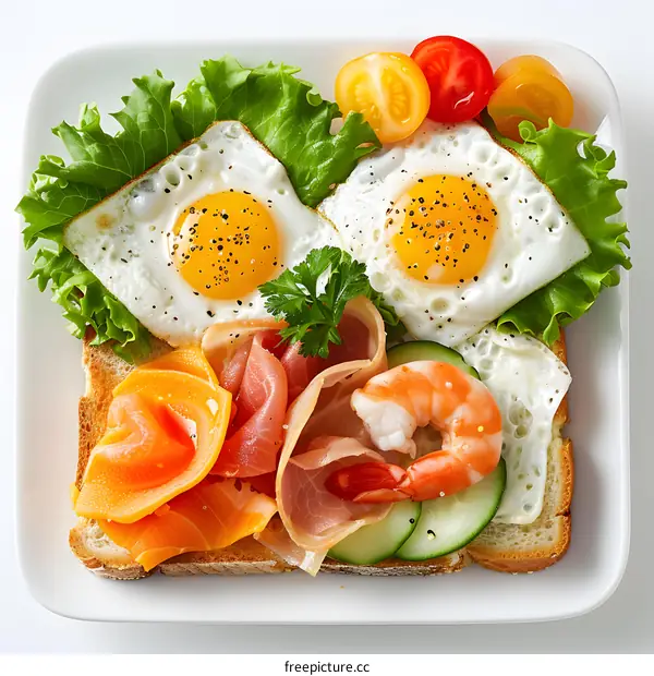 Open Faced Sandwich with Fried Eggs and Smoked Salmon
