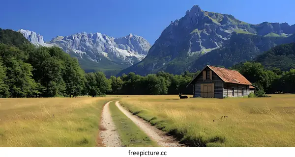 mountain hut in a lush green valley with a mountain range in the distance