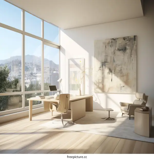 An illustration of a modern office with a large window, a desk, a chair, and a painting on the wall