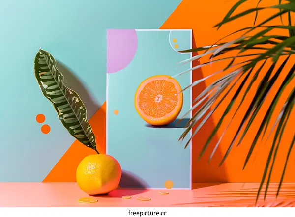 Orange and Leaf Minimalist Still Life with Colorful Background