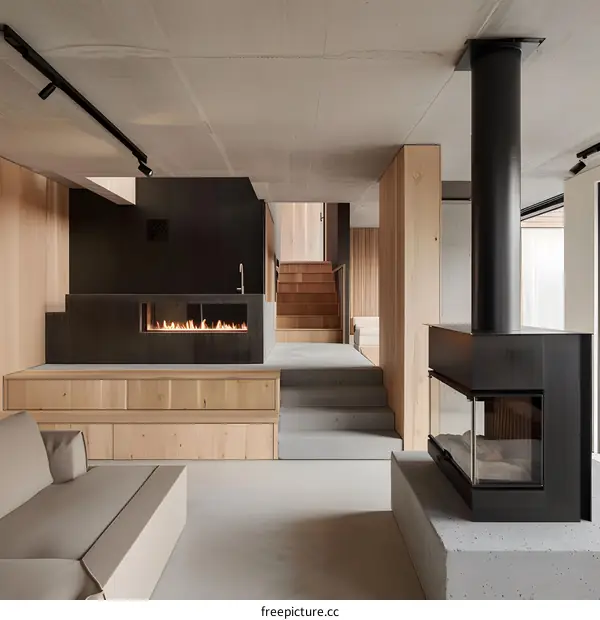 Modern Minimalist Home Interior Design With Fireplace