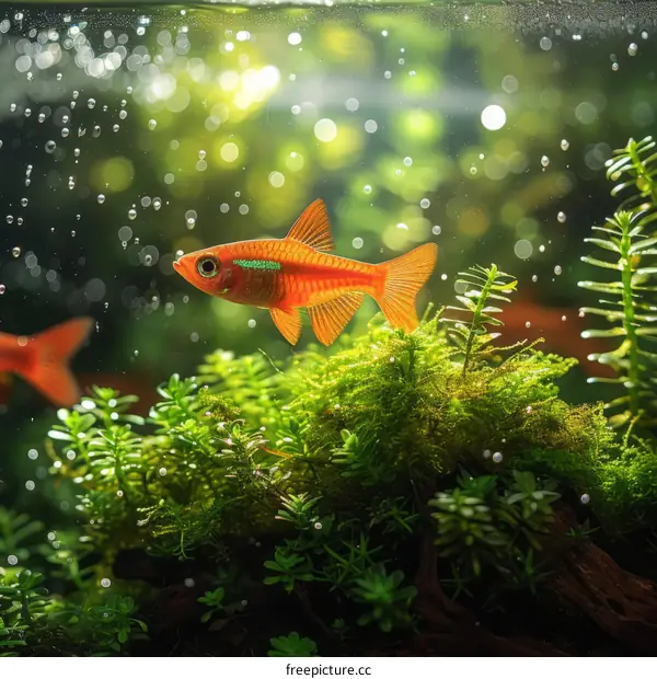Cardinal Tetra Fish Swimming in a Planted Aquarium