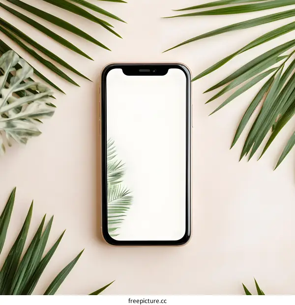 Modern Smartphone Mockup with Green Palm Leaves