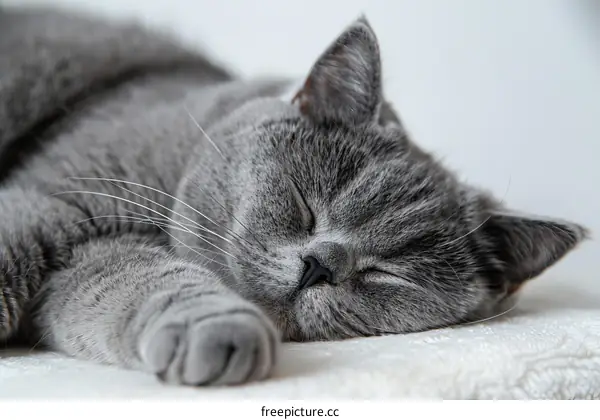 A gray cat is sleeping on a white blanket