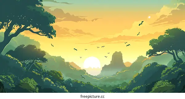 Sunset Landscape With Trees And Birds Flying