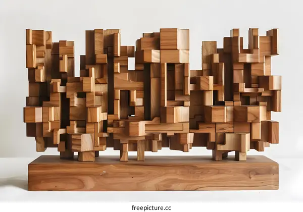 Abstract Wooden Sculpture of a Cityscape