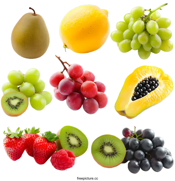[Transparent Background PNG]Fresh Fruit Collage with Kiwi, Grapes, Papaya, Lemon, Pear, and Strawberry