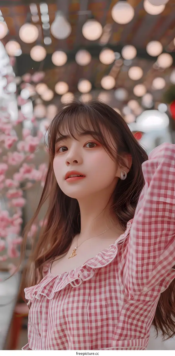 Portrait of a Young Woman in Pink Gingham Dress with a Blurry Background