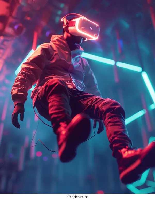 A Man Wearing a Virtual Reality Headset in a Futuristic Setting