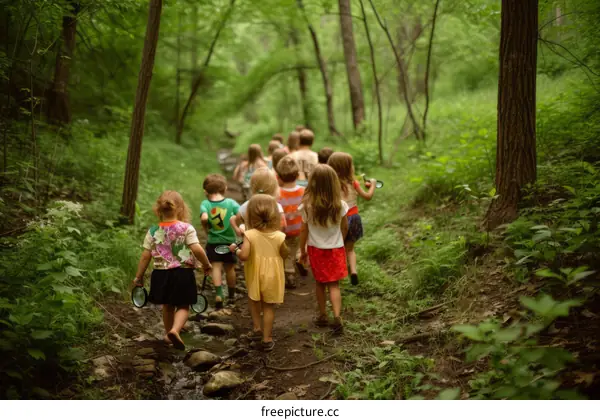 A group of children are exploring a forest.