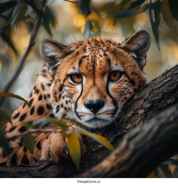 A Cheetah Resting on a Tree Branch