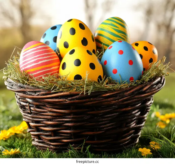 Colorful Easter Eggs in a Wicker Basket
