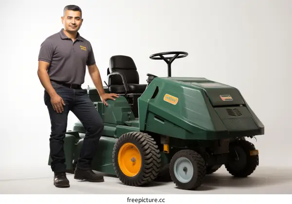 Hispanic man standing next to a lawn mower