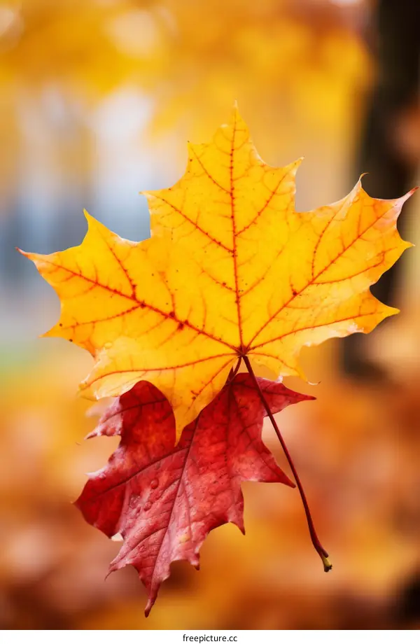Two colorful maple leaves falling in autumn