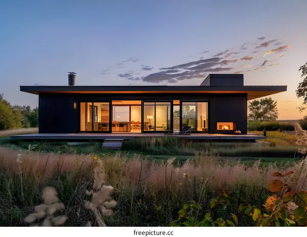 Modern Black House with Large Windows in a Field