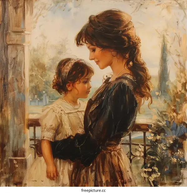 An oil painting of a mother and her daughter