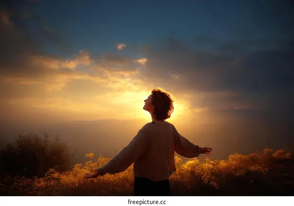 Woman enjoying the golden sunset view