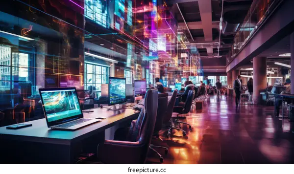 People working in a modern office with colorful lights