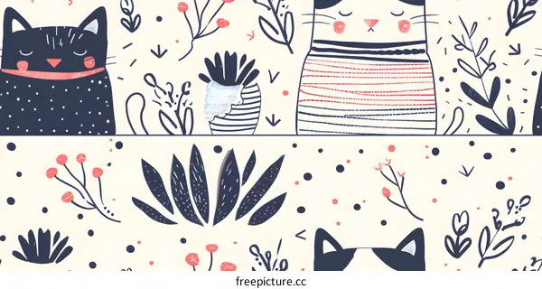 Cute Hand Drawn Cat Pattern With Floral Elements