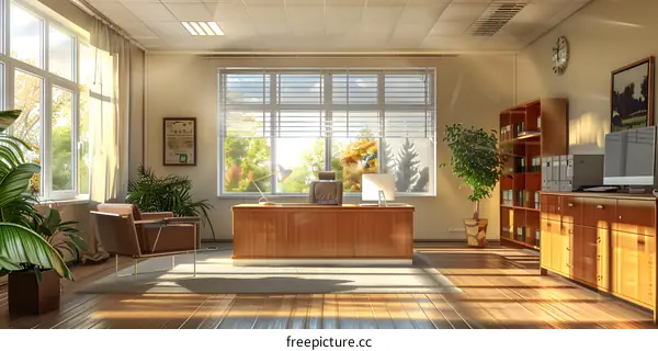 Modern Office Interior Design with Wooden Desk and Windows