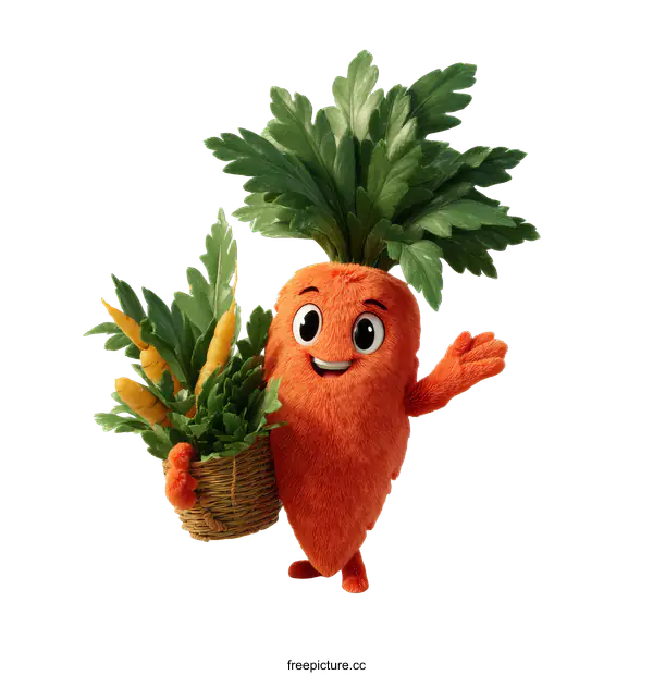 [Transparent Background PNG]Cute Carrot Character with Carrots and Basket