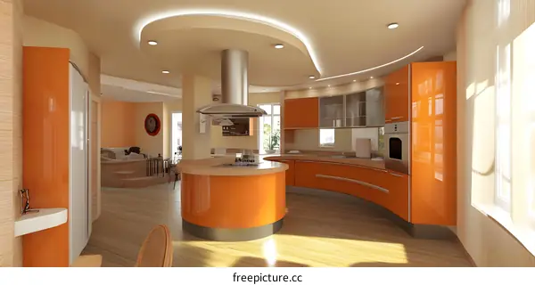 Modern Kitchen Design with Orange Cabinets and Curved Countertops