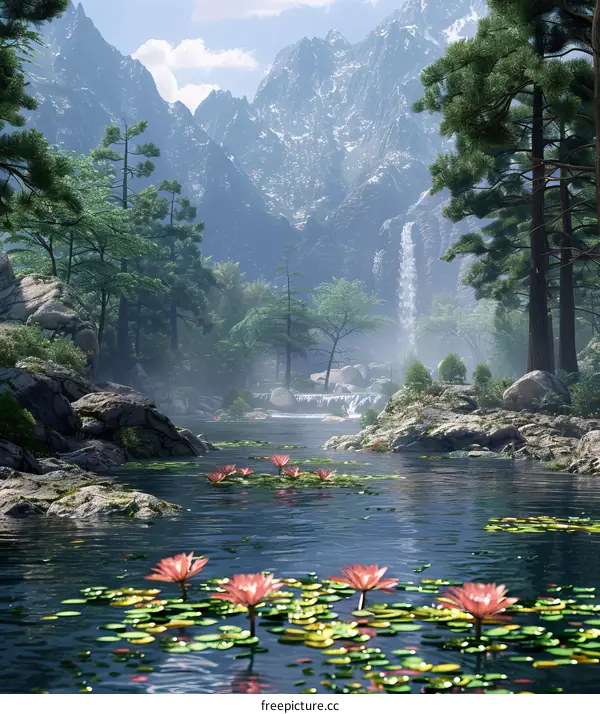Water Lilies and Misty Mountain Reflections