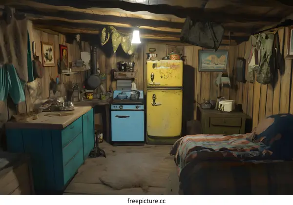 Rustic Cabin Kitchen with Blue Stove and Yellow Refrigerator