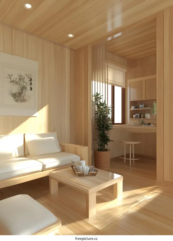 Minimalist Living Room with Wooden Walls and a Sofa