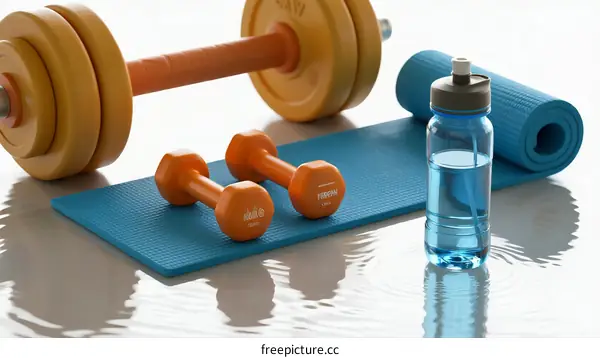 Set of fitness equipment including dumbbells and water bottle on mat