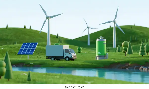 Eco-friendly renewable energy landscape with wind turbines and solar panels