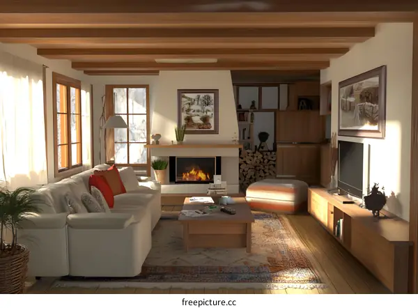 Cozy Living Room with Fireplace and Wooden Beams