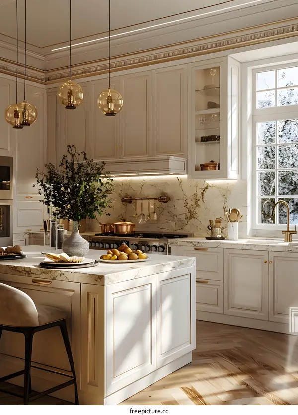 An elegant kitchen with a large island and marble countertops
