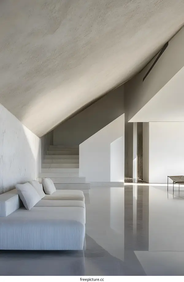 Modern White Interior Design With Concrete Ceiling and Marble Floor