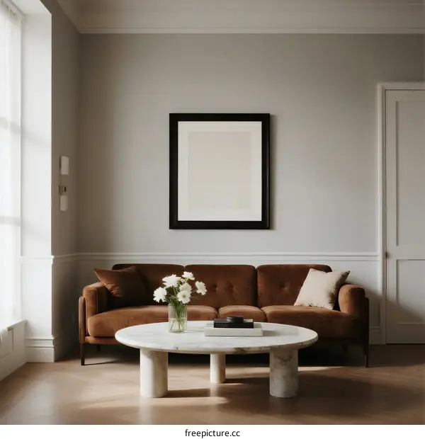 Modern living room with brown sofa and white framed wall art