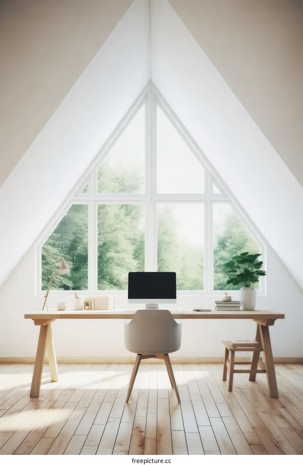 Serene home office with a large window and a view of the forest