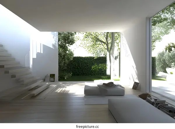 Modern Minimalist Home Interior Design with Large Windows Overlooking Garden