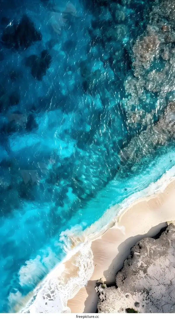Aerial View of Blue Ocean Waves Crashing on White Sand Beach