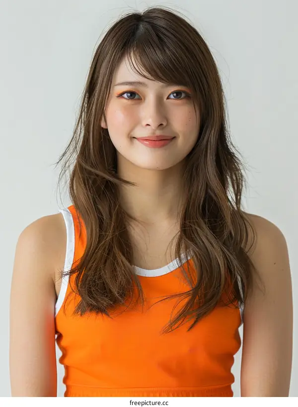 Cheerleader with long brown hair wearing an orange tank top